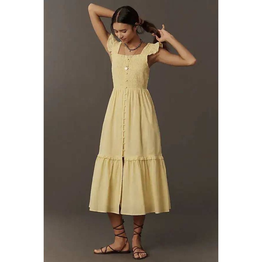 Anthropologie Peregrine Yellow Smocked Tiered Midi Dress Pockets Size S Petite
